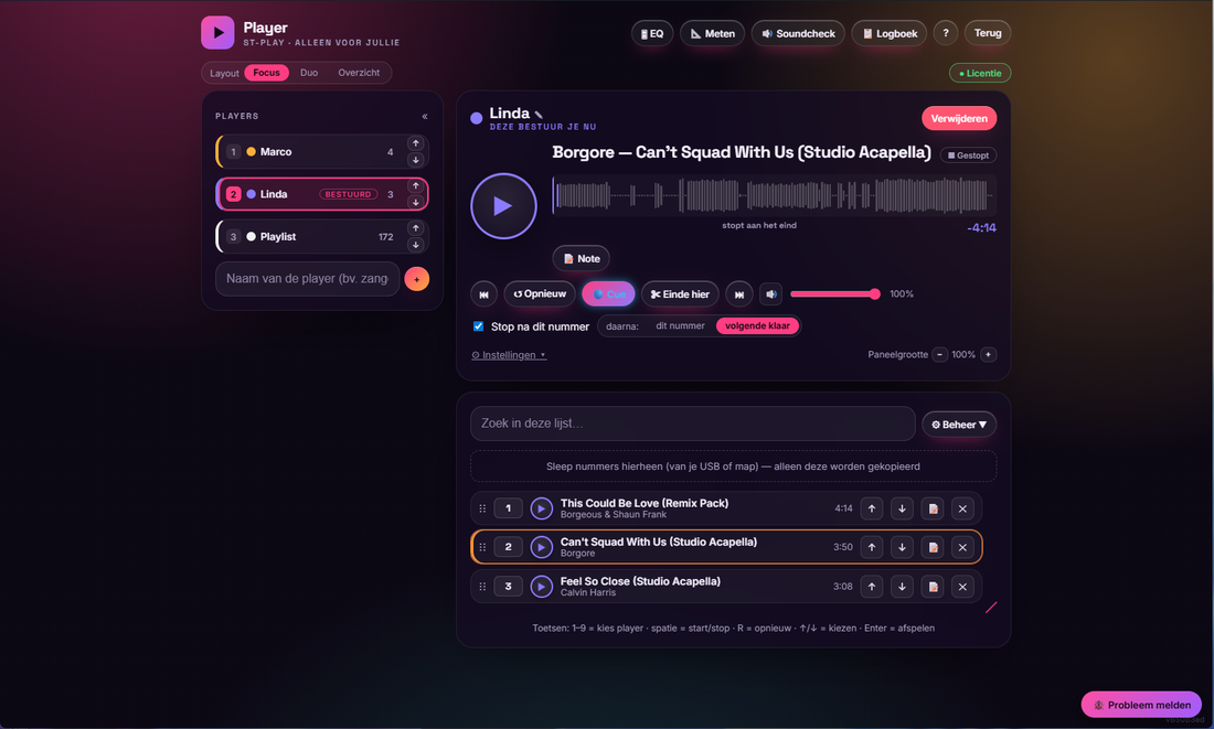 De echte Player met een eigen speler per act, waveform en stopgedrag